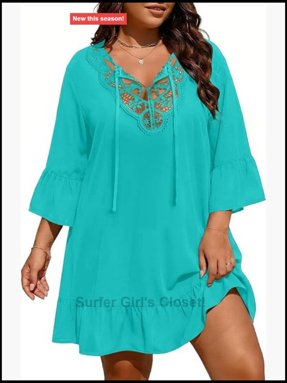 Plus Size Lace Crochet Swimwear Cover Up V-Neck Flounce Hem Beach Dress